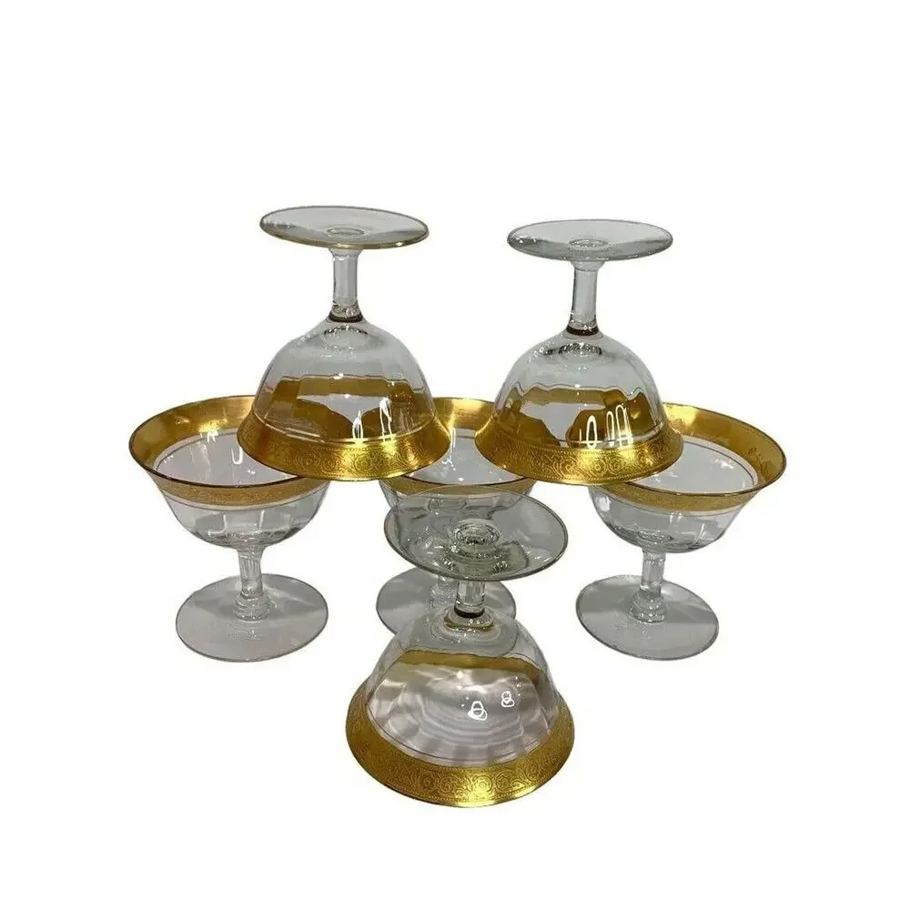 Vintage Gold Rim Floral Crystal Set of 6 Low Sherbet Glasses 3.75" h Stemmed - Picture 3 of 7